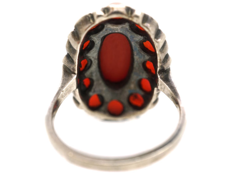 Art Deco Silver, Coral & Marcasite Ring