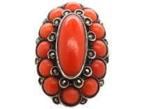 Art Deco Silver, Coral & Marcasite Ring