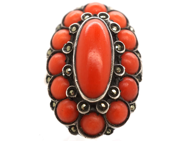 Art Deco Silver, Coral & Marcasite Ring
