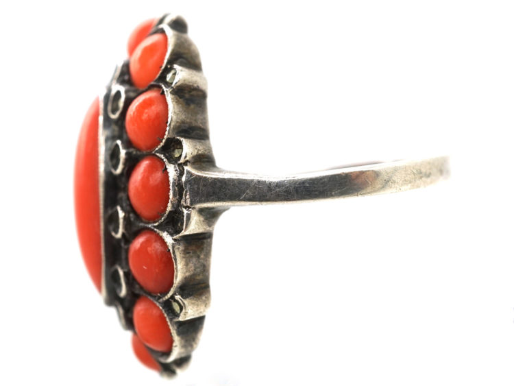 Art Deco Silver, Coral & Marcasite Ring