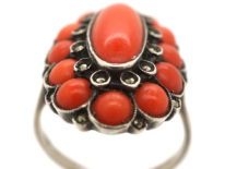 Art Deco Silver, Coral & Marcasite Ring