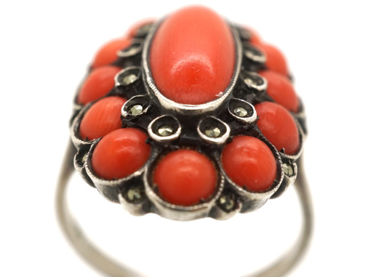 Art Deco Silver, Coral & Marcasite Ring
