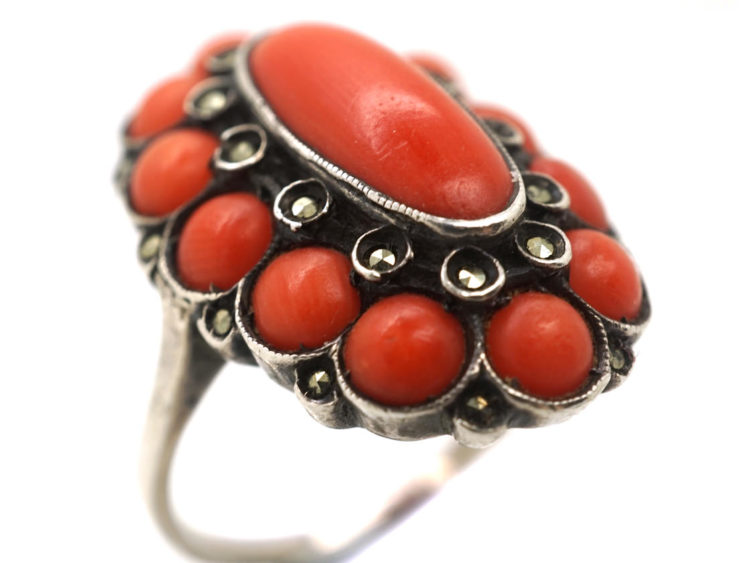Art Deco Silver, Coral & Marcasite Ring