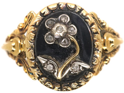18ct Gold, Black Enamel & Rose Diamond Pense à Moi Mourning Ring