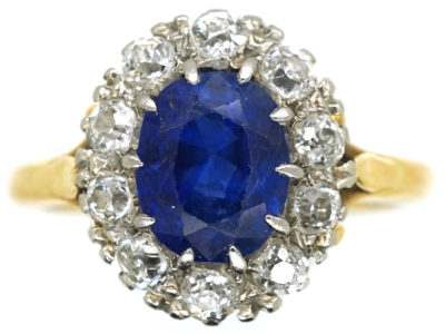 Edwardian 18ct Gold, Sapphire & Diamond Oval Cluster Ring