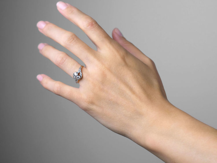 Edwardian 14ct Gold & Platinum, Two Stone Diamond Crossover Ring With Diamond Set Split Shoulders