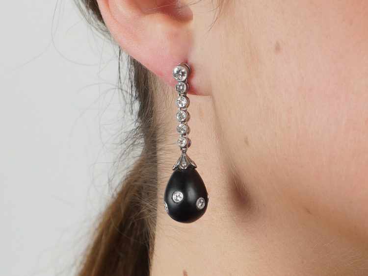 Art Deco Onyx & Diamond Drop Earrings in Original Case