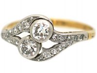 Edwardian 14ct Gold & Platinum, Two Stone Diamond Crossover Ring With Diamond Set Split Shoulders