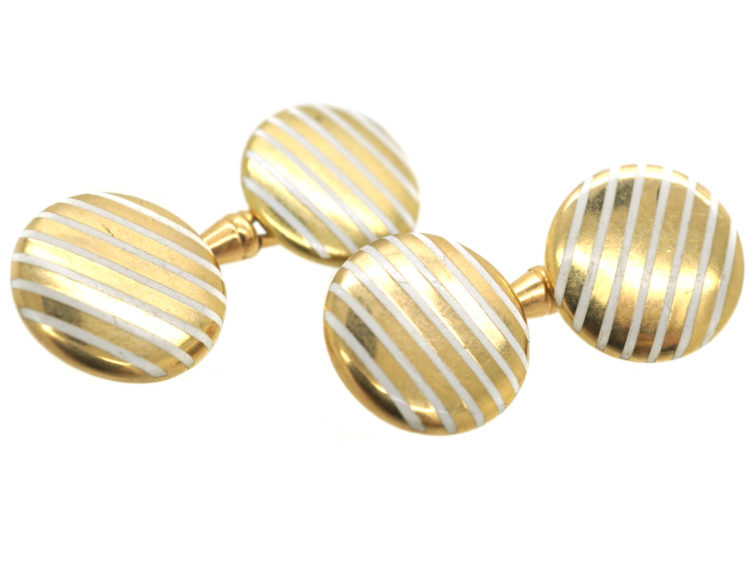 Art Deco 18ct Gold & White Enamel Stripe Cufflinks