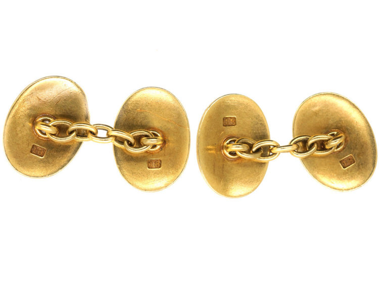 Edwardian 18ct Gold, Green & White Enamel Oval Cufflinks Set With Diamonds