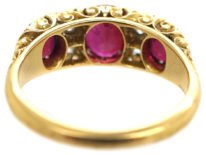 Victorian 18ct Gold, Ruby & Diamond Three Stone Carved Half Hoop Ring