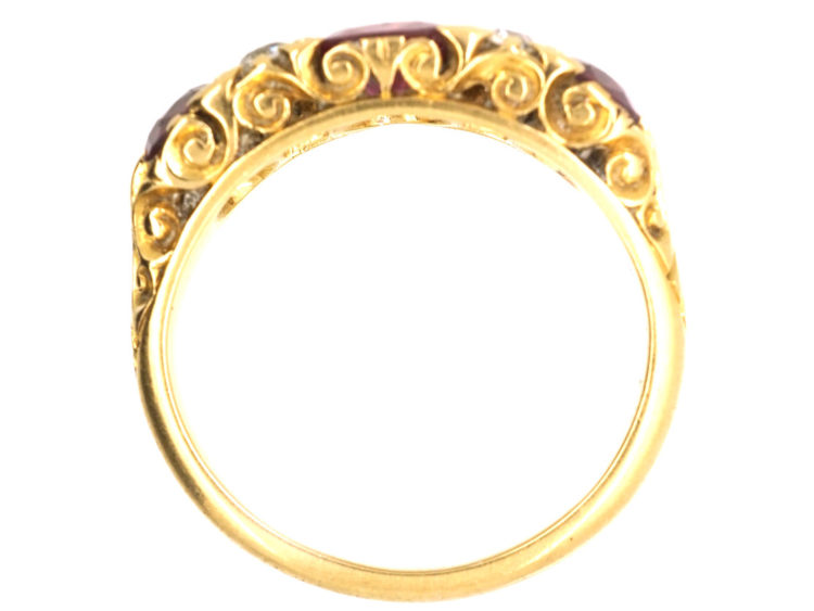 Victorian 18ct Gold, Ruby & Diamond Three Stone Carved Half Hoop Ring