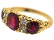 Victorian 18ct Gold, Ruby & Diamond Three Stone Carved Half Hoop Ring