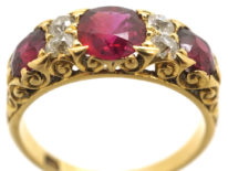 Victorian 18ct Gold, Ruby & Diamond Three Stone Carved Half Hoop Ring
