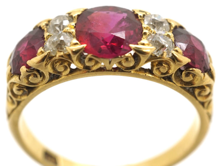 Victorian 18ct Gold, Ruby & Diamond Three Stone Carved Half Hoop Ring