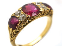 Victorian 18ct Gold, Ruby & Diamond Three Stone Carved Half Hoop Ring