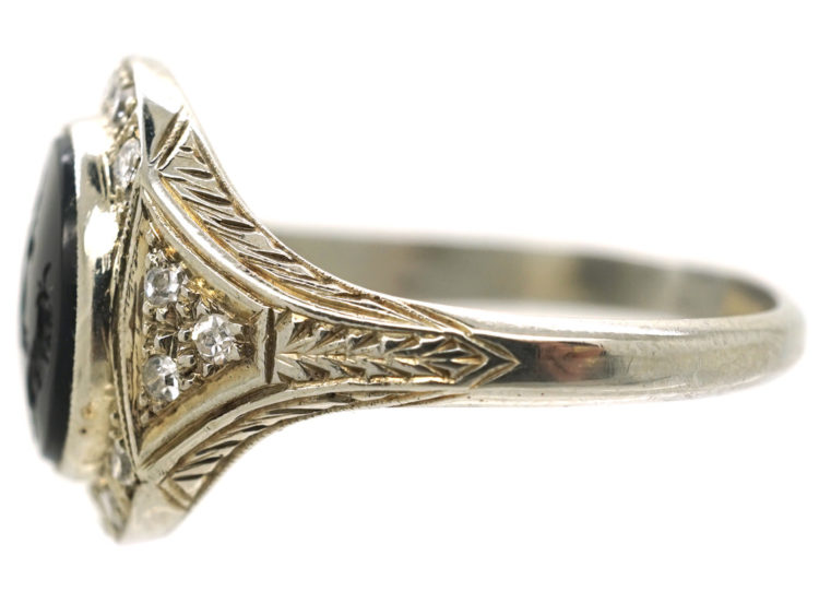 Art Deco 18ct White Gold Signet Ring With Onyx Crest Intaglio