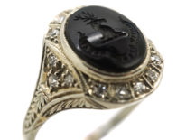 Art Deco 18ct White Gold Signet Ring With Onyx Crest Intaglio
