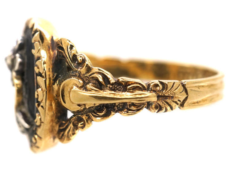18ct Gold, Black Enamel & Rose Diamond Pense à Moi Mourning Ring