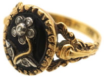 18ct Gold, Black Enamel & Rose Diamond Pense à Moi Mourning Ring