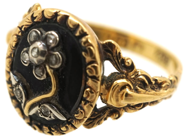 18ct Gold, Black Enamel & Rose Diamond Pense à Moi Mourning Ring