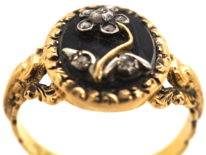 18ct Gold, Black Enamel & Rose Diamond Pense à Moi Mourning Ring