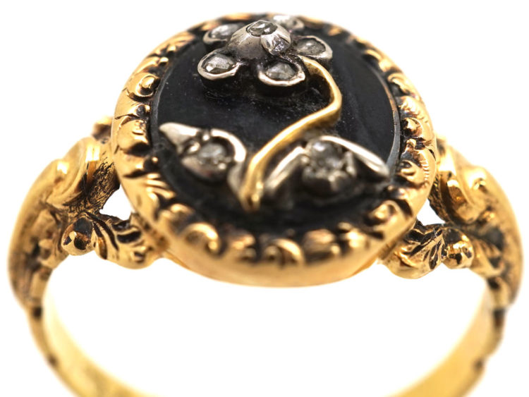 18ct Gold, Black Enamel & Rose Diamond Pense à Moi Mourning Ring