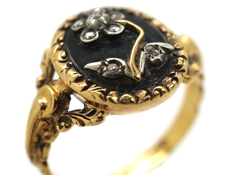 18ct Gold, Black Enamel & Rose Diamond Pense à Moi Mourning Ring