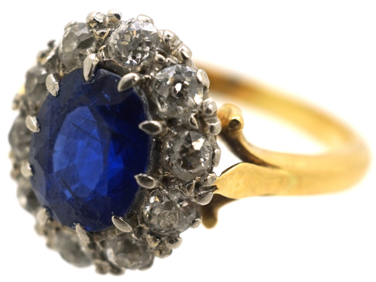 Edwardian 18ct Gold, Sapphire & Diamond Oval Cluster Ring