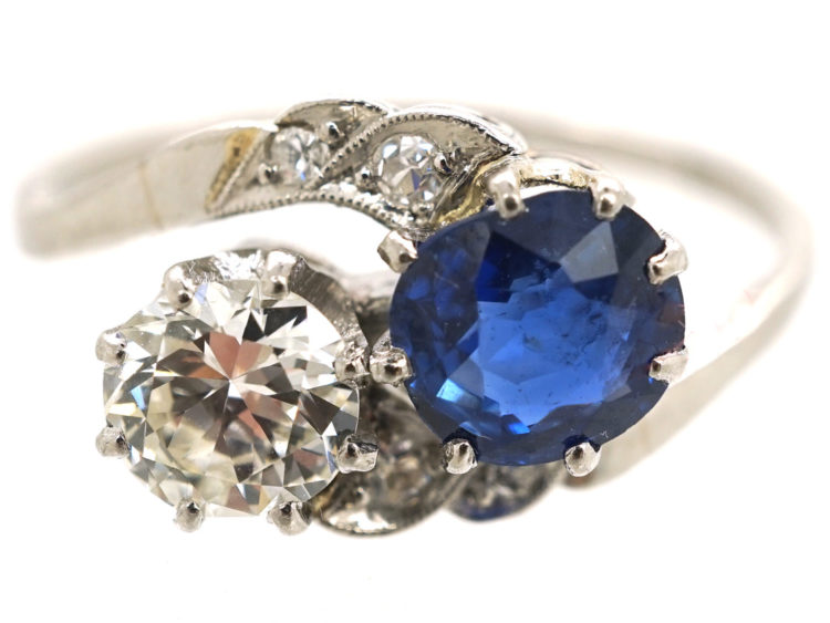 Art Deco 18ct White Gold, Sapphire & Diamond Crossover Ring