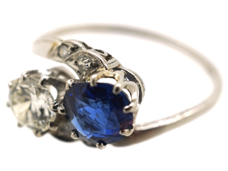 Art Deco 18ct White Gold, Sapphire & Diamond Crossover Ring