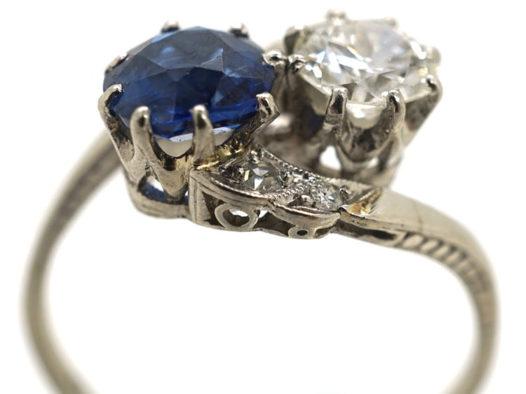 Art Deco 18ct White Gold, Sapphire & Diamond Crossover Ring