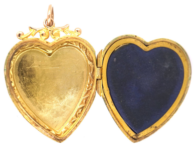 Edwardian Heart Shaped 9ct Gold Locket With Swallow & Flowers Motif
