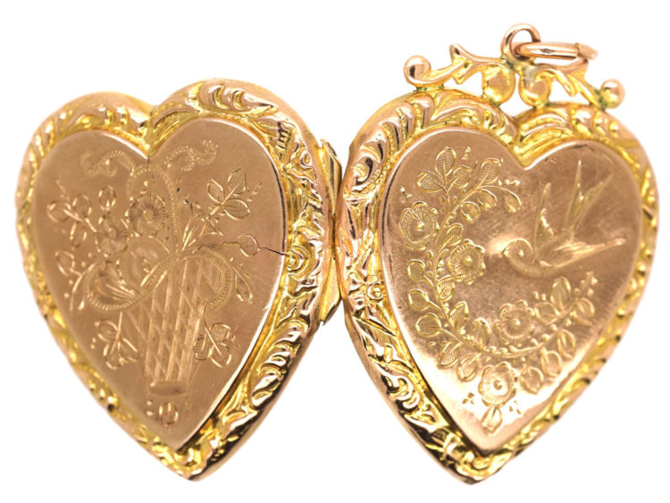 Edwardian Heart Shaped 9ct Gold Locket With Swallow & Flowers Motif