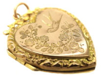 Edwardian Heart Shaped 9ct Gold Locket With Swallow & Flowers Motif