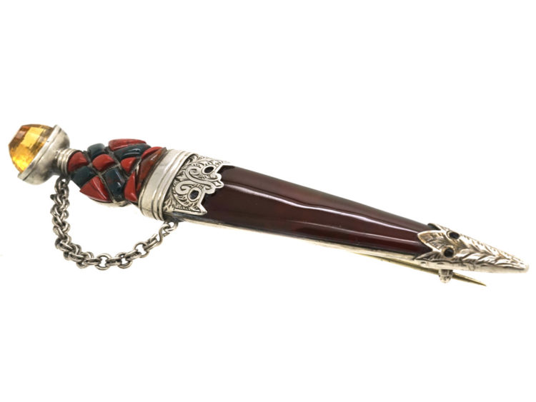 Scottish Silver, Bloodstone, Jasper & Citrine Dirk Brooch