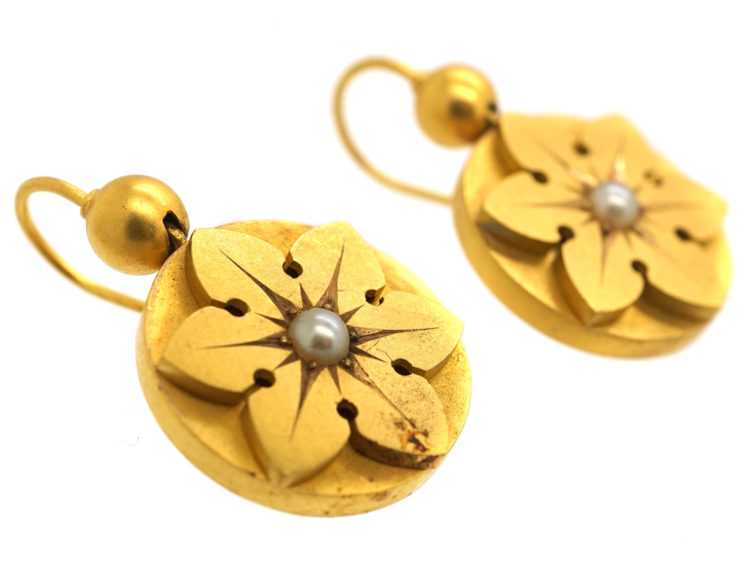 Victorian 15ct Gold Flower Earrings Set With Natural Split Pearls