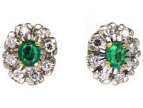 18ct White & Yellow Gold, Emerald & Diamond Cluster Earrings