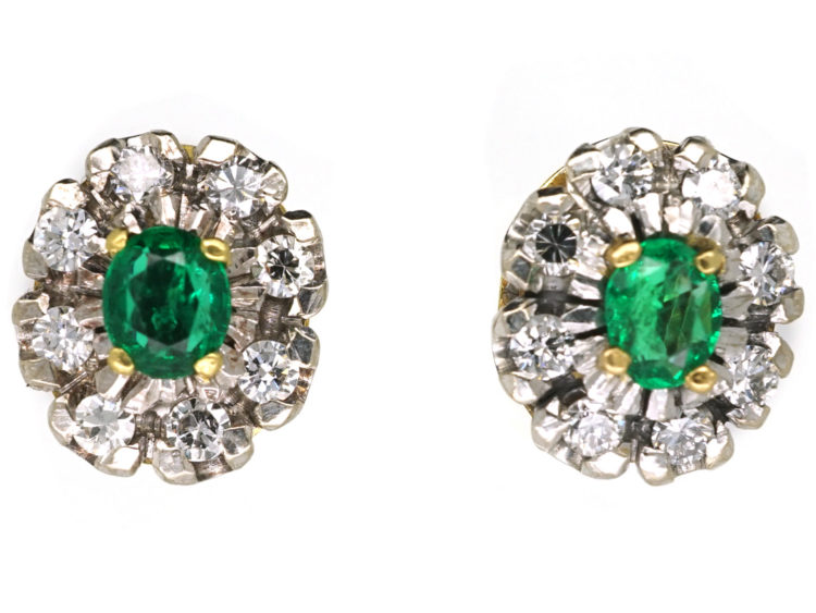 18ct White & Yellow Gold, Emerald & Diamond Cluster Earrings