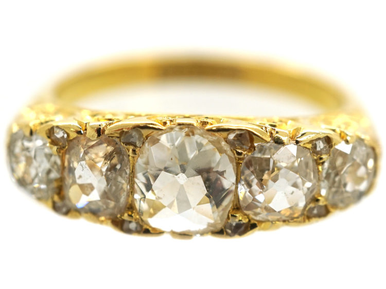 Victorian 18ct Gold Five Stone Diamond Carved Half Hoop Ring
