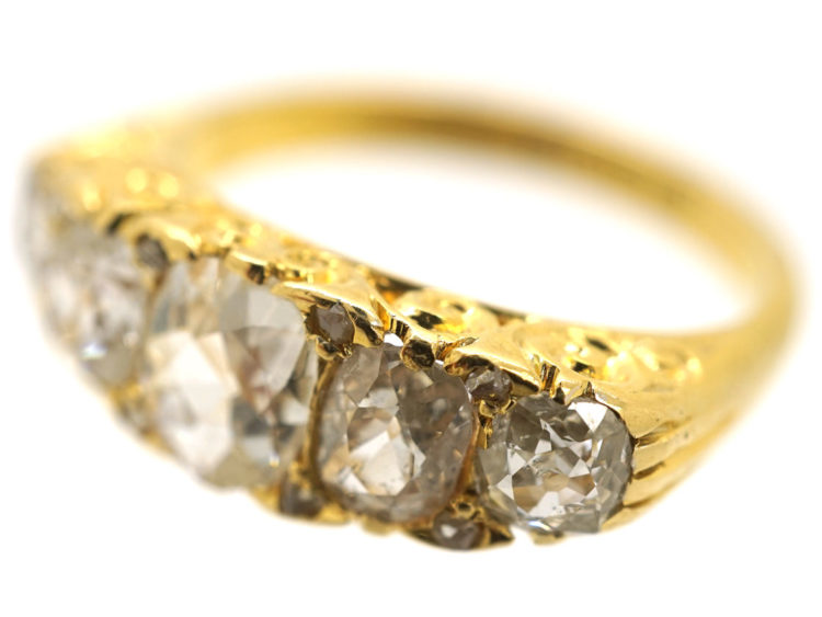 Victorian 18ct Gold Five Stone Diamond Carved Half Hoop Ring