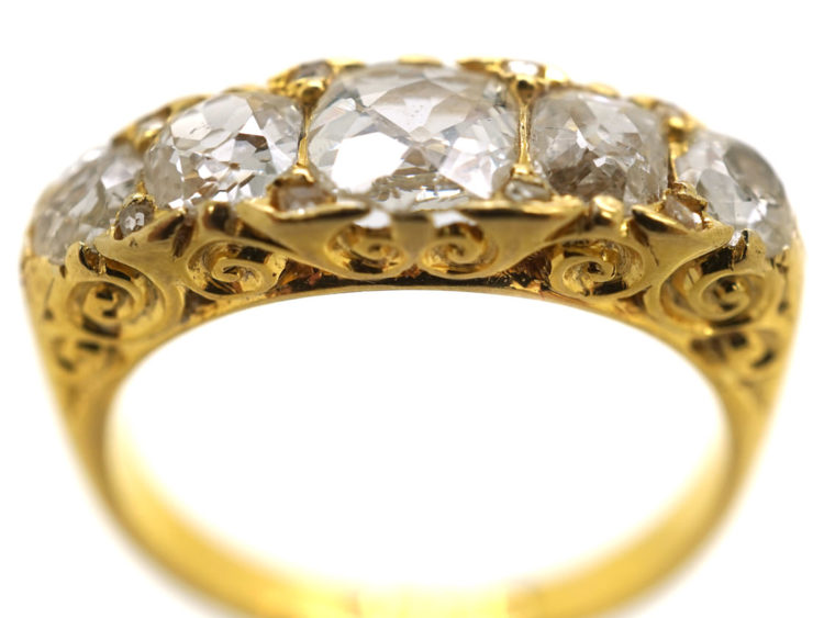 Victorian 18ct Gold Five Stone Diamond Carved Half Hoop Ring