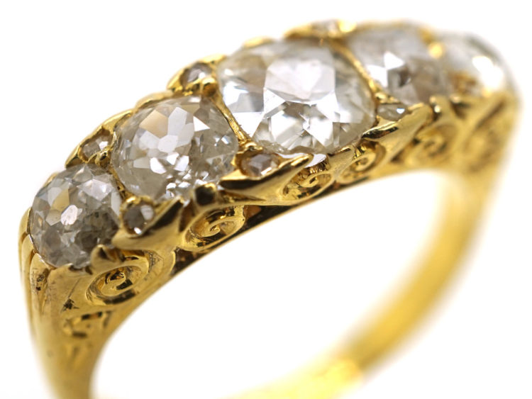 Victorian 18ct Gold Five Stone Diamond Carved Half Hoop Ring