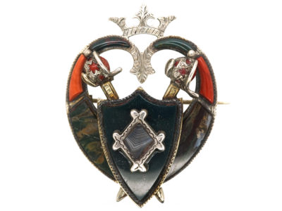 Victorian Scottish Heart Shaped Brooch With Shield & Swords