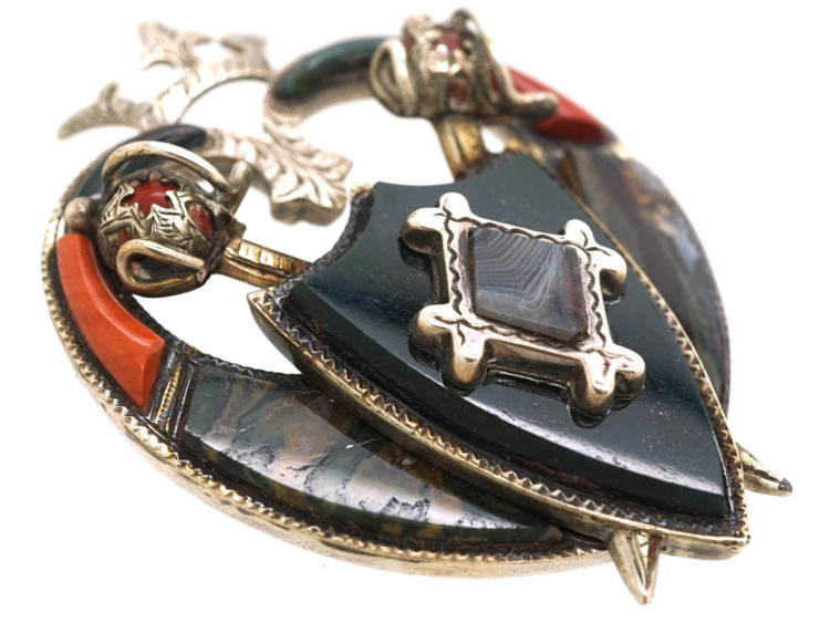 Victorian Scottish Heart Shaped Brooch With Shield & Swords