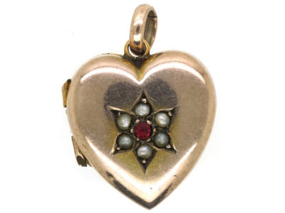 Edwardian 9ct Gold Heart Locket with Star Design Set With a Garnet and Natural Split Pearls