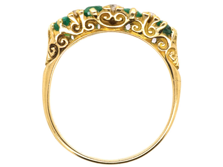 Victorian 18ct Gold, Four Stone Emerald & Diamond Carved Half Hoop Ring