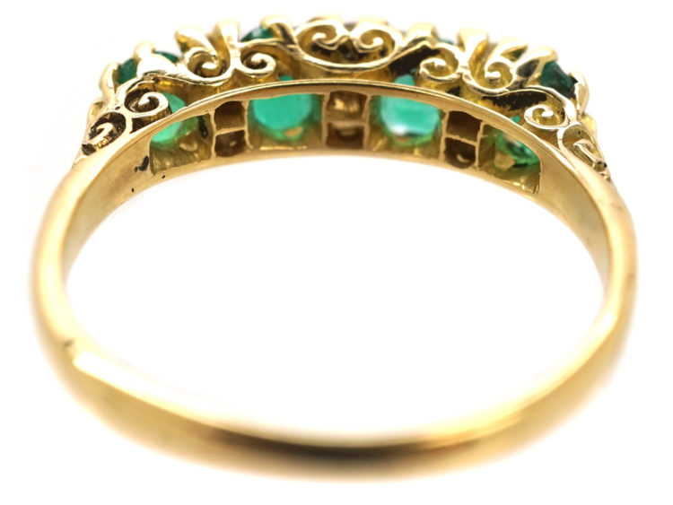 Victorian 18ct Gold, Four Stone Emerald & Diamond Carved Half Hoop Ring