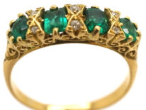 Victorian 18ct Gold, Four Stone Emerald & Diamond Carved Half Hoop Ring