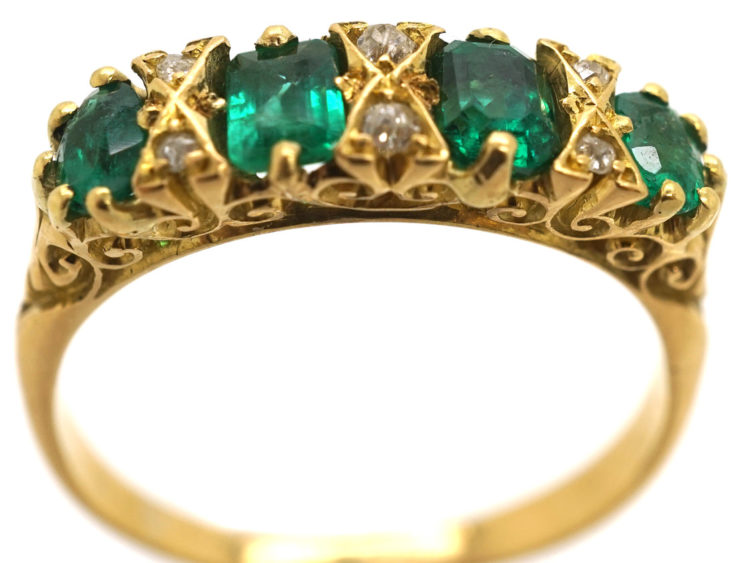 Victorian 18ct Gold, Four Stone Emerald & Diamond Carved Half Hoop Ring